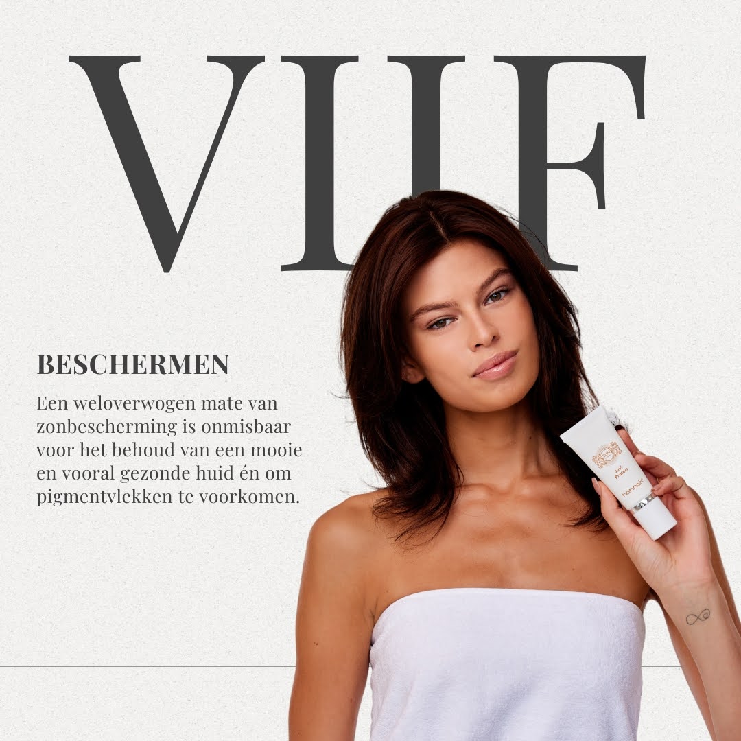 Stap vijf Beschermen Hannah beschermen voor het beschermen van de huid als vijfde stap in de gezichtsverzorging.